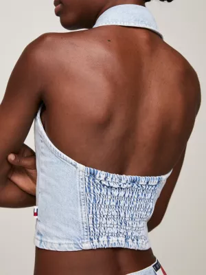 Top cropped jeans com decote halter e zíper frontal