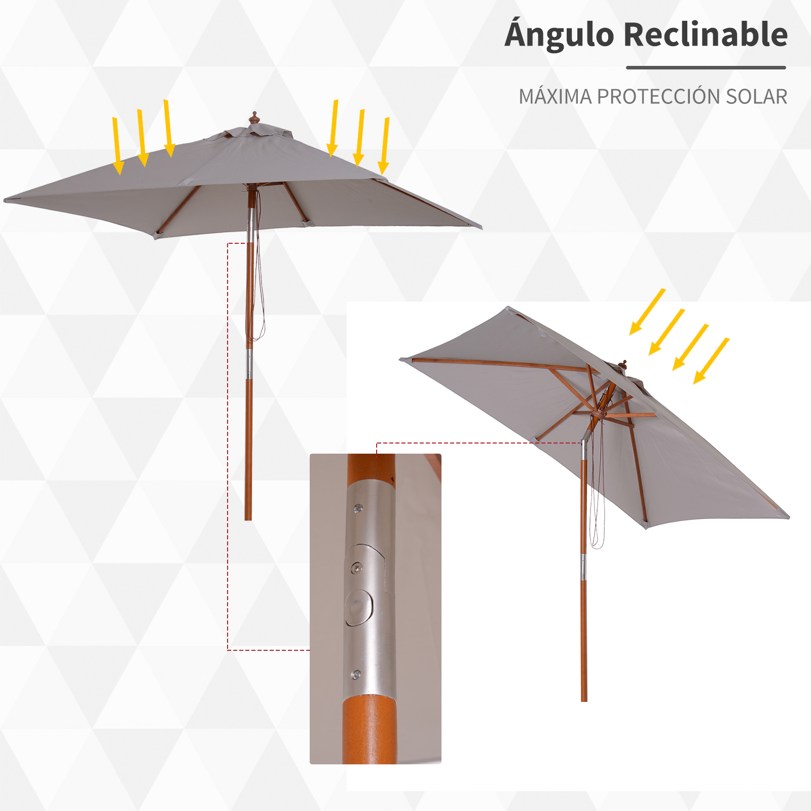 Guarda-sol de jardim retangular Outsunny 200x150x235 cm com ângulo ajustável, proteção UV, impermeável e haste de madeira para praia, pátio e uso externo, cinza.