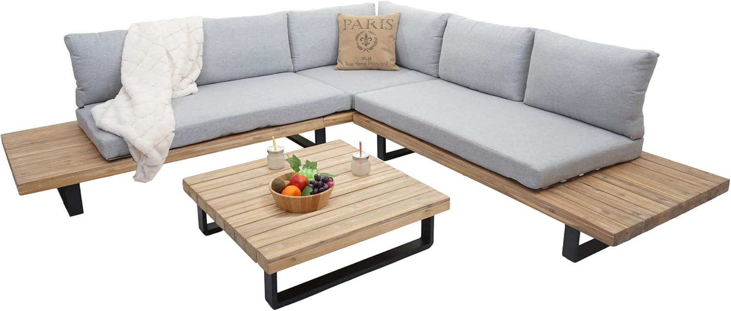 Mendler Garten-Garnitur HWC-H54, Garnitur Sitzgruppe Lounge-Set, Spun Poly Akazie Holz FSC® Alu - Hellbraun, Polster hellgrau