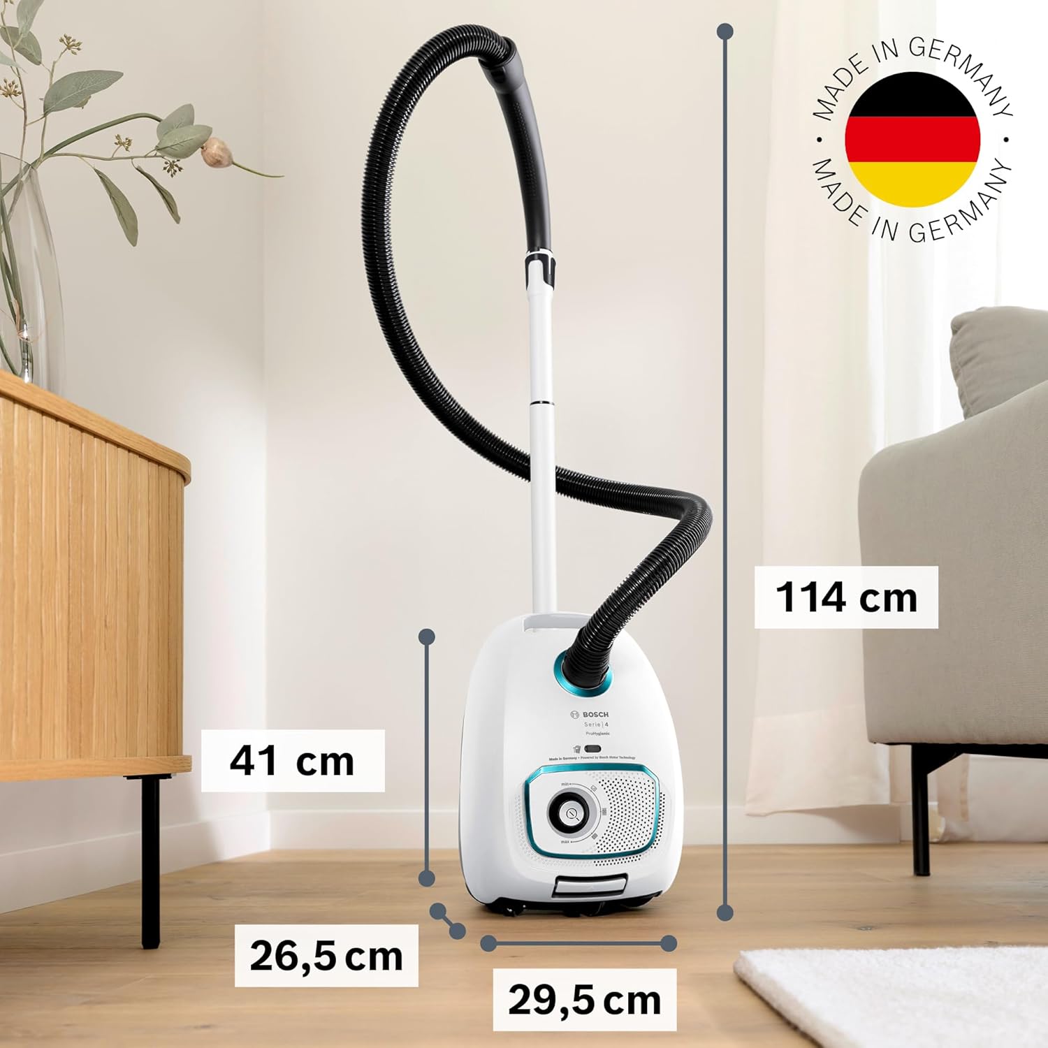 Bosch Staubsauger mit Beutel Serie 4 ProHygienic BGD41HYG, ideal für Allergiker, Hygiene-Filter, 10 Jahre Motorgarantie, integriertes Zubehör, Matratzendüse, langes Kabel, Made in Germany, 600 W, weiß
