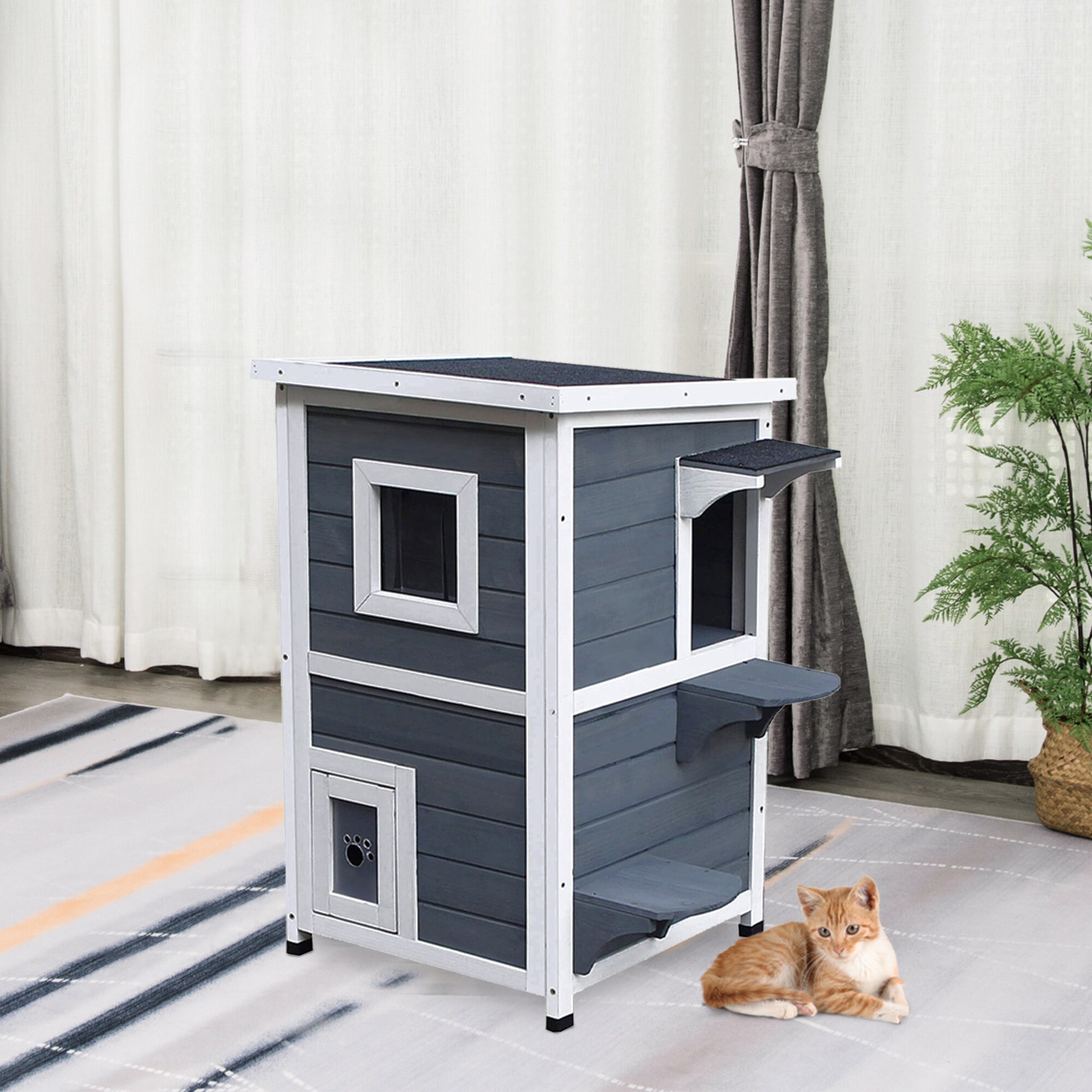 PawHut Katzenvilla mit 2 Etagen grau, weiß 51 x 51 x 81,3 cm (LxBxH)