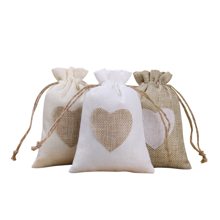 (5er Set) 10x8cm Jute Geschenk Beutel Herz Gift Bag mit Kordelzug - Weiss / Braun