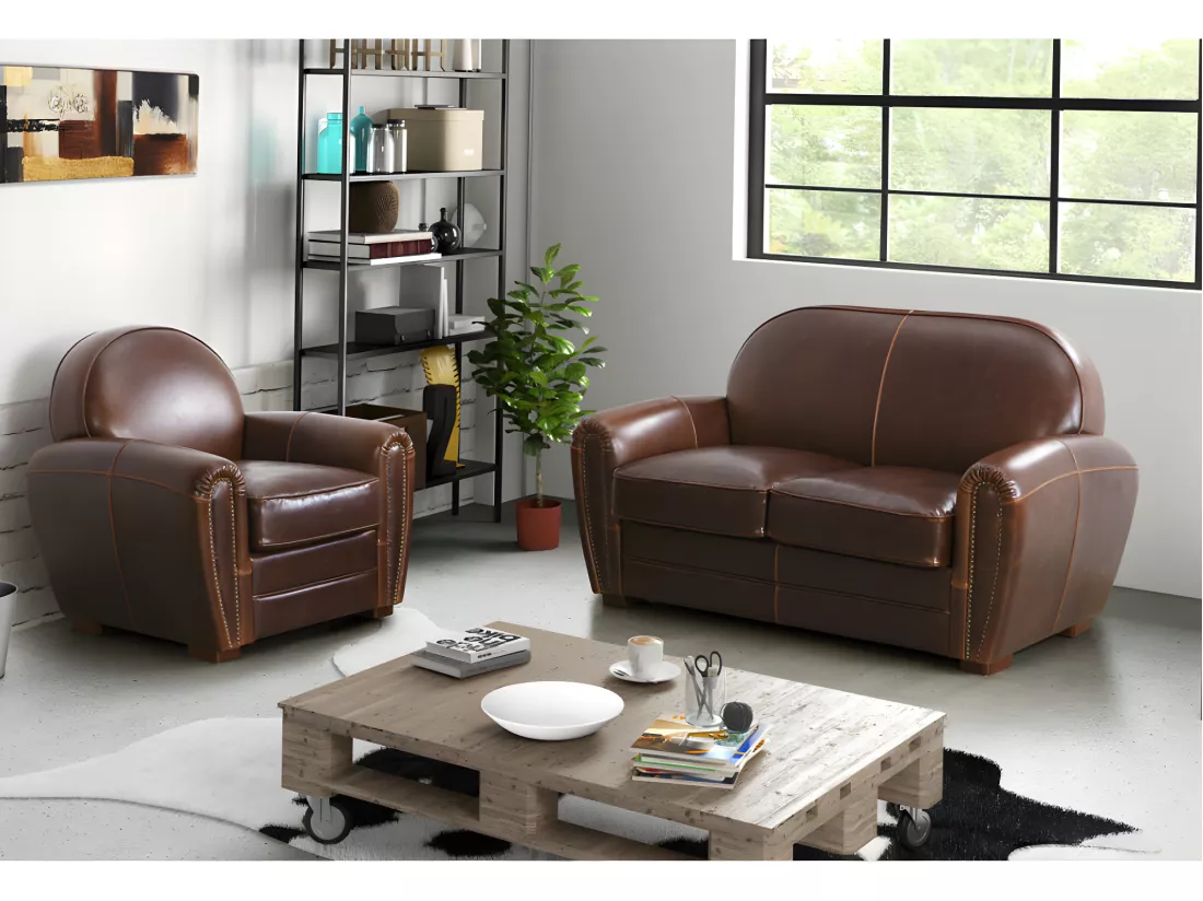 Canapé et fauteuil club BAUDOIN 100% cuir vieilli - Marron