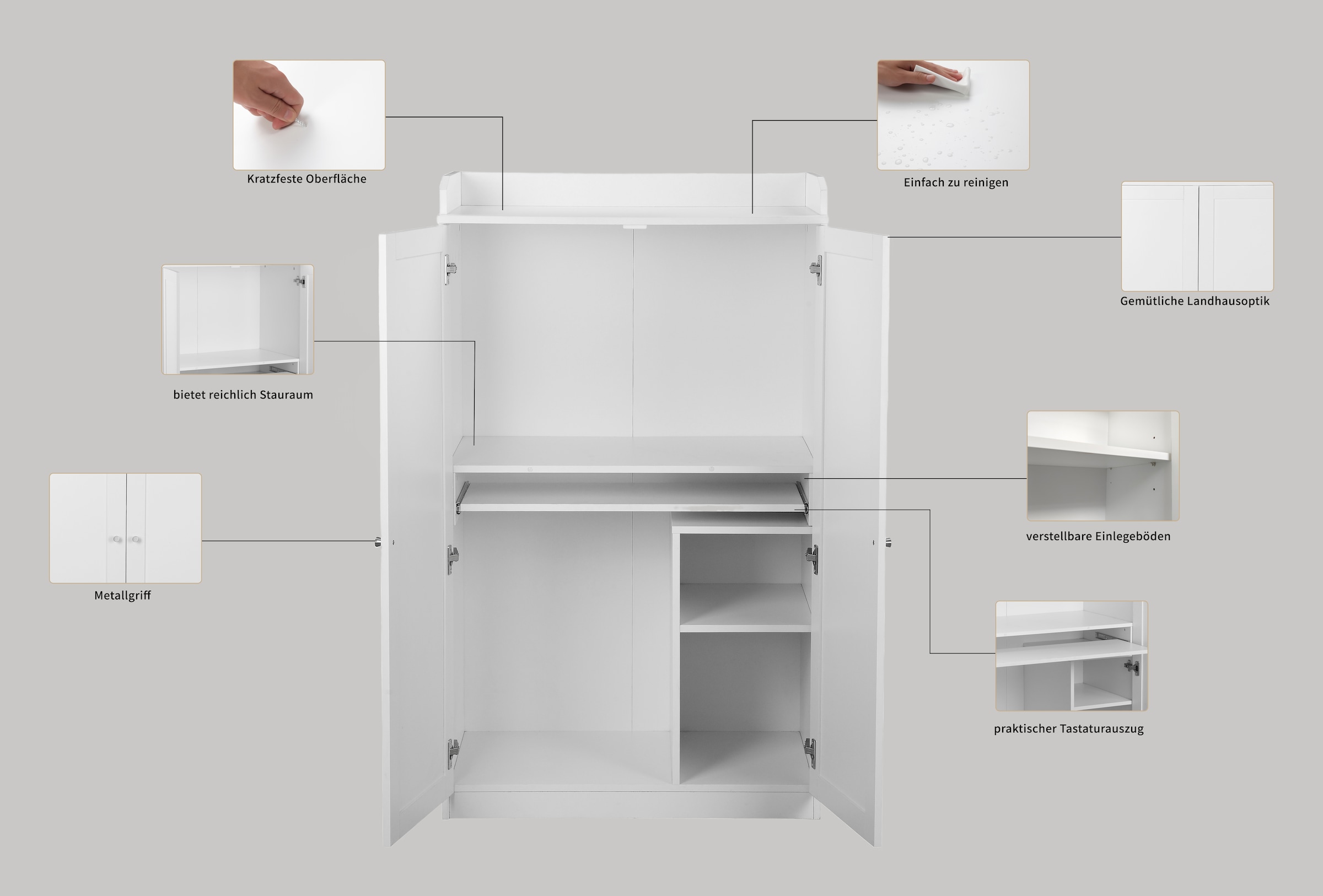 Home affaire Sekretär »Aalborg« PC-Schrank im Landhaus-Stil, Tastaturauszug, Stauraum, 80x134,5 cm