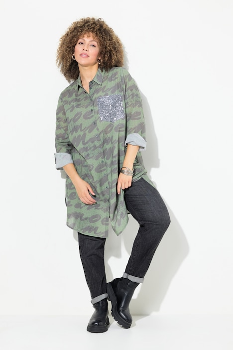Longbluse, Scribble-Muster, Hemdkragen, Langarm