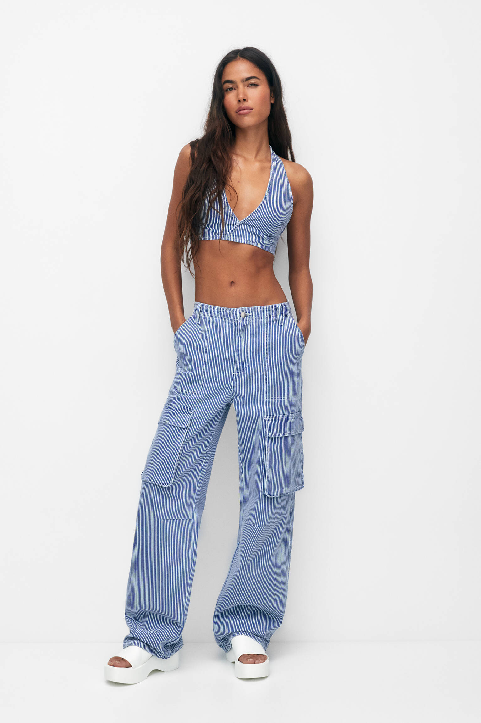 Calça cargo listrada - azul/branca