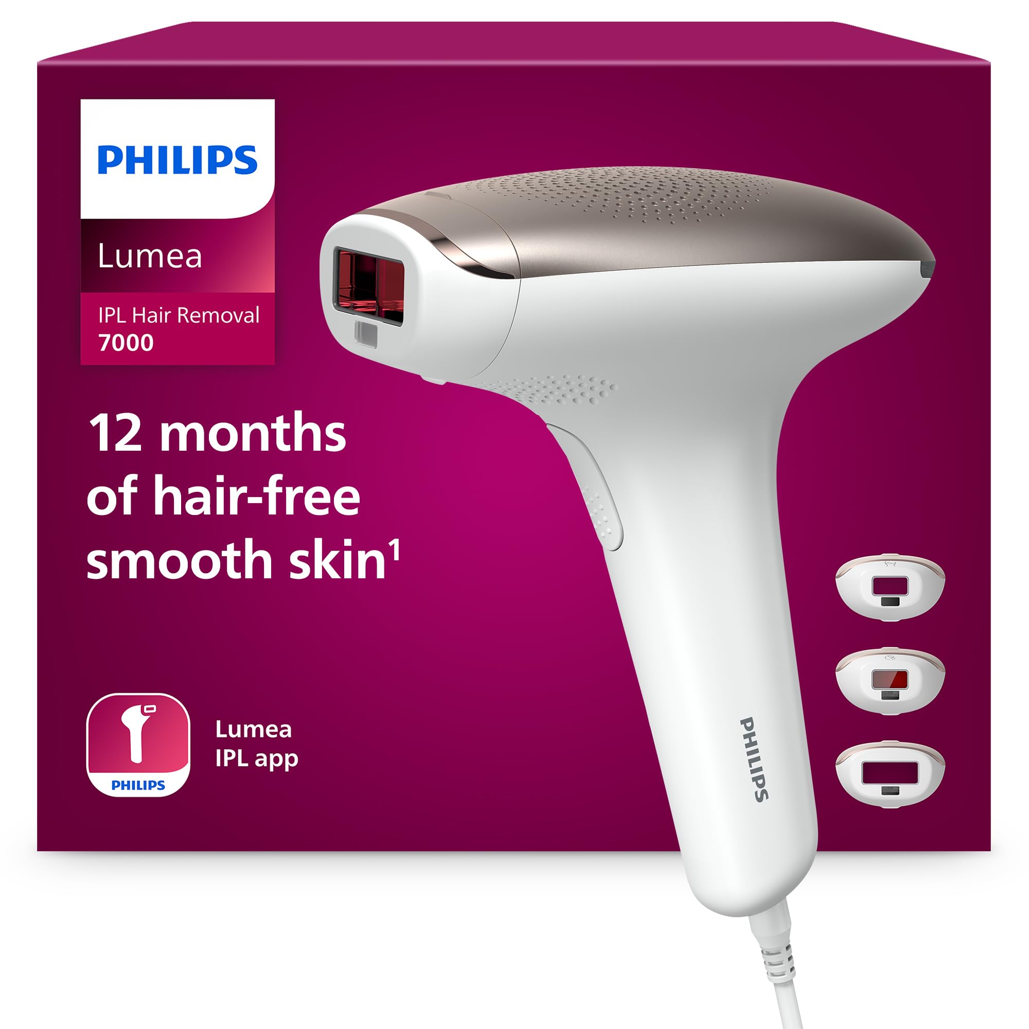 Philips Lumea série 7000, Épilateur à lumière pulsée, alternative à l'épilation laser, 3 embouts pour le corps, le visage et le maillot, modèle SC1999