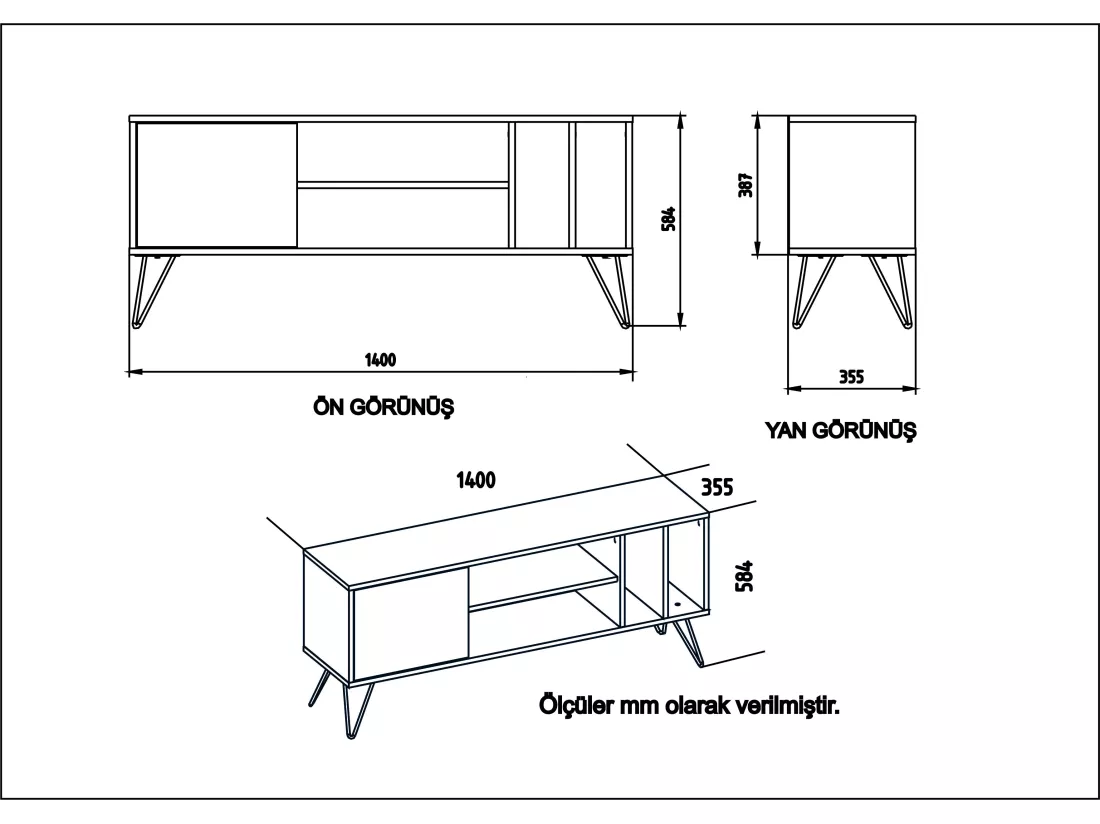 Meuble TV Mistico de 140 cm avec étagères ouvertes et armoire avec le pied en métal (Noir et Noyer)