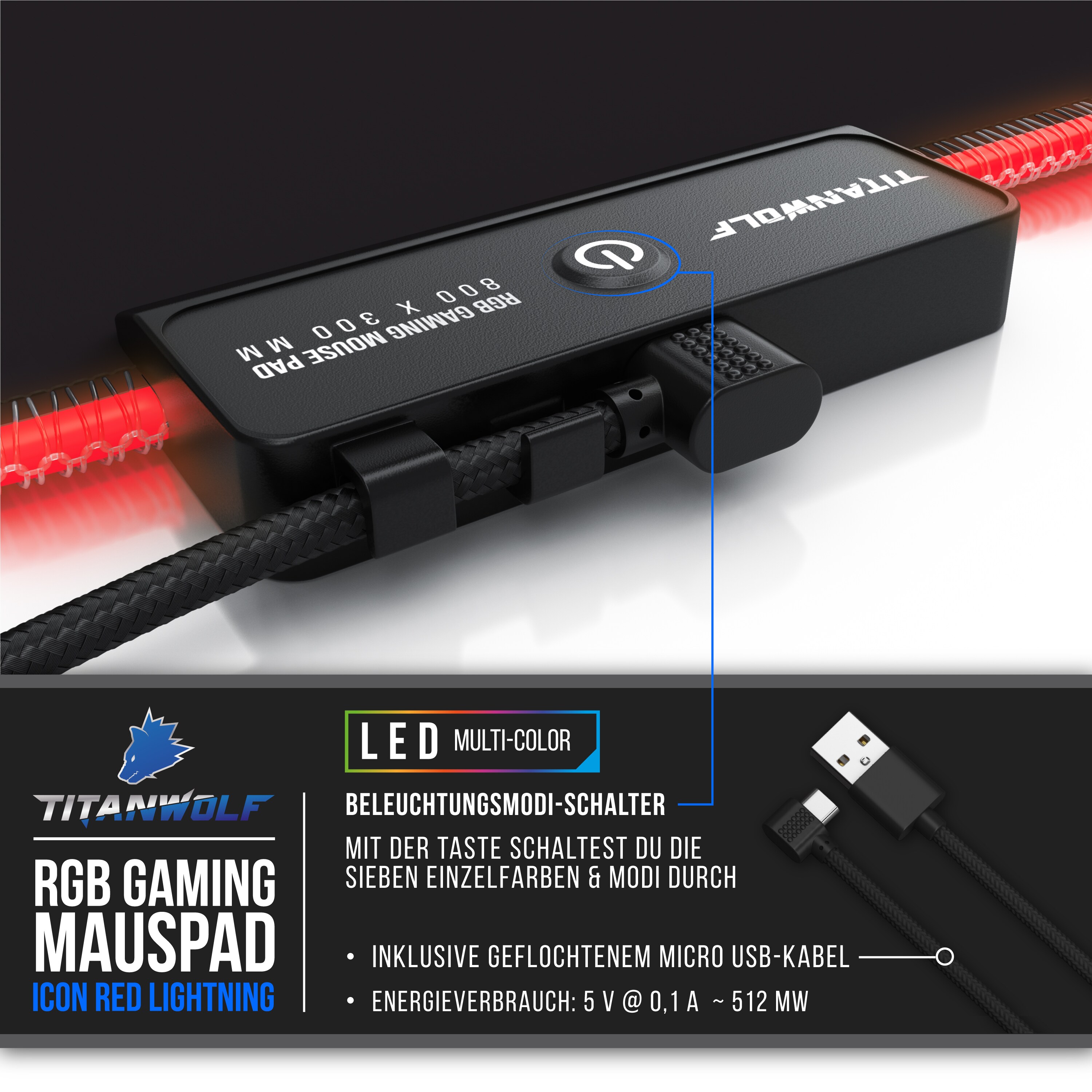 Titanwolf RGB Gaming Mauspad, Mousepad XL 800 x 300mm verbessert Präzision & Geschwindigkeit, Emblem rot