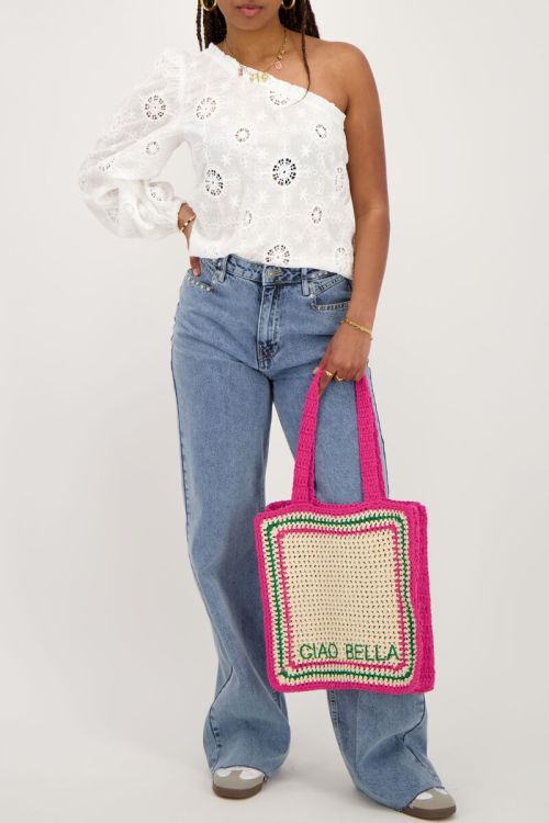 Witte one-shoulder top met embroidery