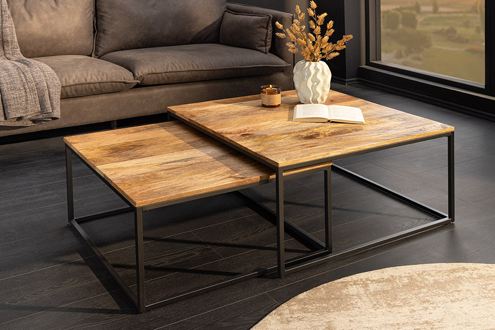Design Couchtisch 2er Set ELEMENTS 75cm Mangoholz braun schwarzes Gestell