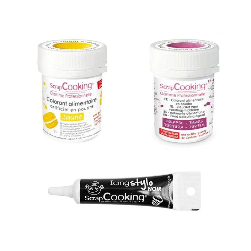 2 colorants alimentaires jaune-pourpre + Stylo glaçage noir Scrapcooki