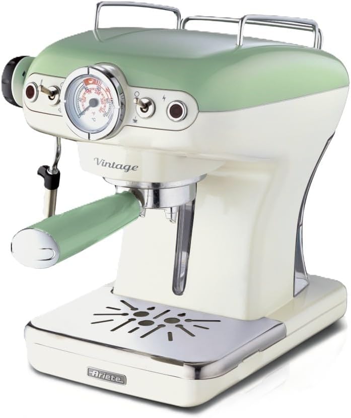 Ariete Espresso Vintage 1389, Machine à Café Expresso Pour Poudre Ou Dosette Ese, 1 Et 2 Tasses, Buse Cappuccino, Support de Tasse en Acier Inoxydable, 15 Bars, 850W, Beige