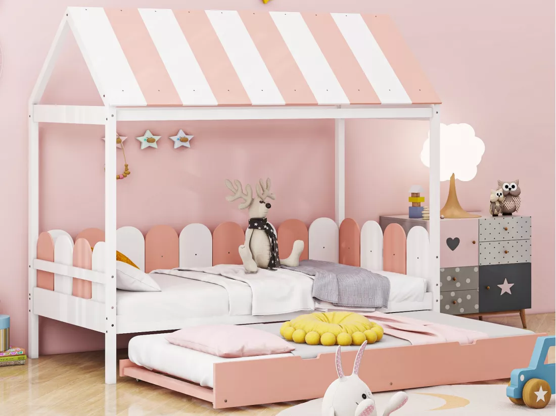 Lit gigogne cabane 2 x 90 x 190 cm avec toit et barrières - bois massif - rose + blanc