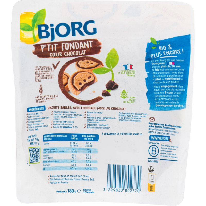 Petit fondant cœur chocolat bio Bjorg - Sachet de 180 g