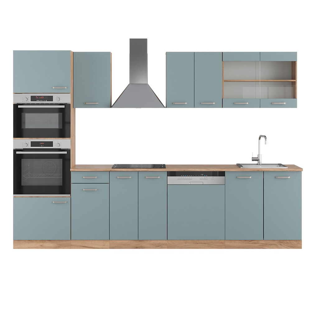 Vicco Küchenzeile R-Line Solid Eiche Blau Grau 300 cm modern Küchenschränke Küchenmöbel