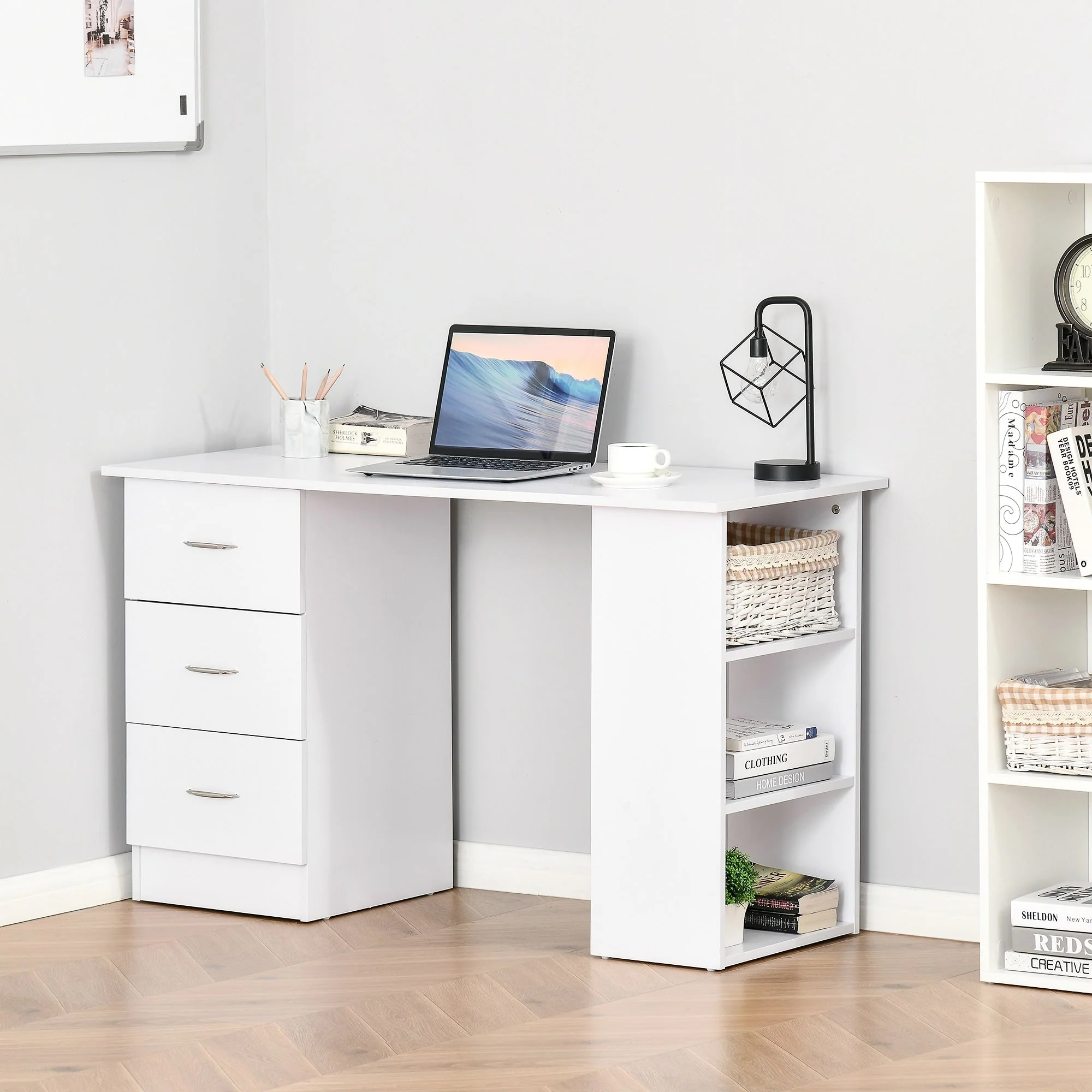 HOMCOM 47 Modern Home Office Computer Desk Bookcase Combo Writing Table Workstation with 3 Drawer and Storage Shelf - White