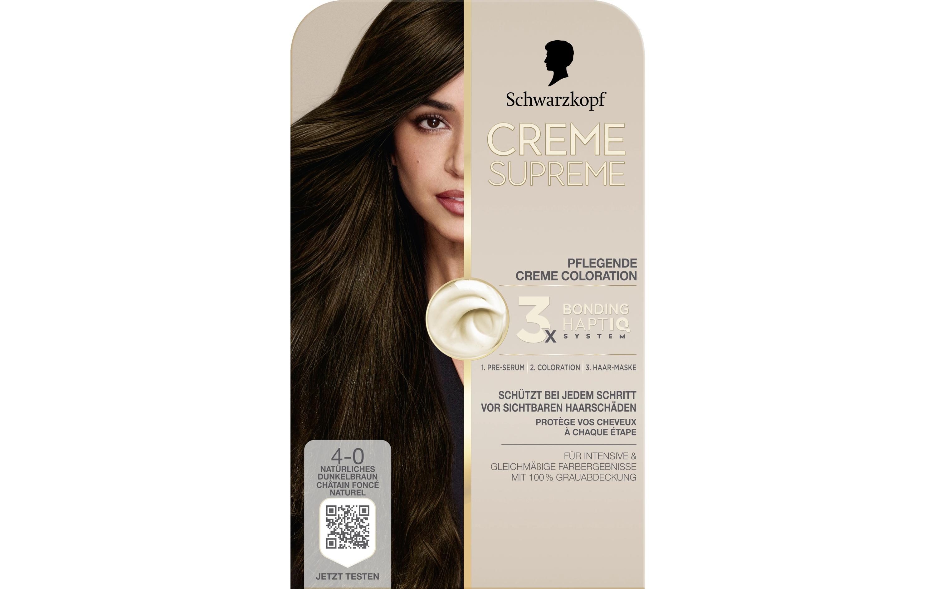 Haarcoloration Creme Supreme 4-0 Natürliches DunkelbraunColoration, schützt das Haar sichtbar vor Haarschäden