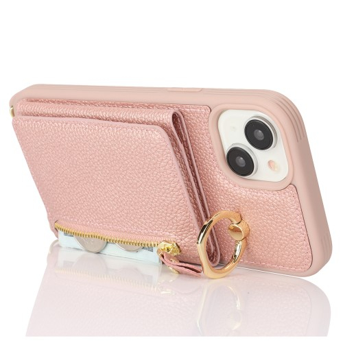 iPhone 14 / iPhone 13 Necklace Leder Hülle mit Münzfach und Kartenfächer   Finger Griff Halterung   Handykette - Roségold