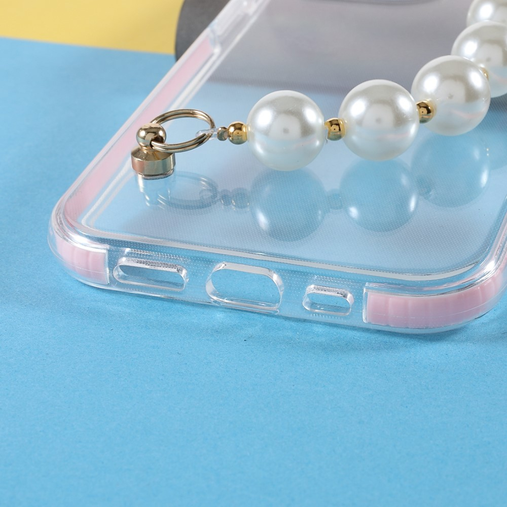 iPhone 13 Pro Hybrid Bumper Gummi Hülle mit Perlenkette Handschlaufe - Transparent / Rosa