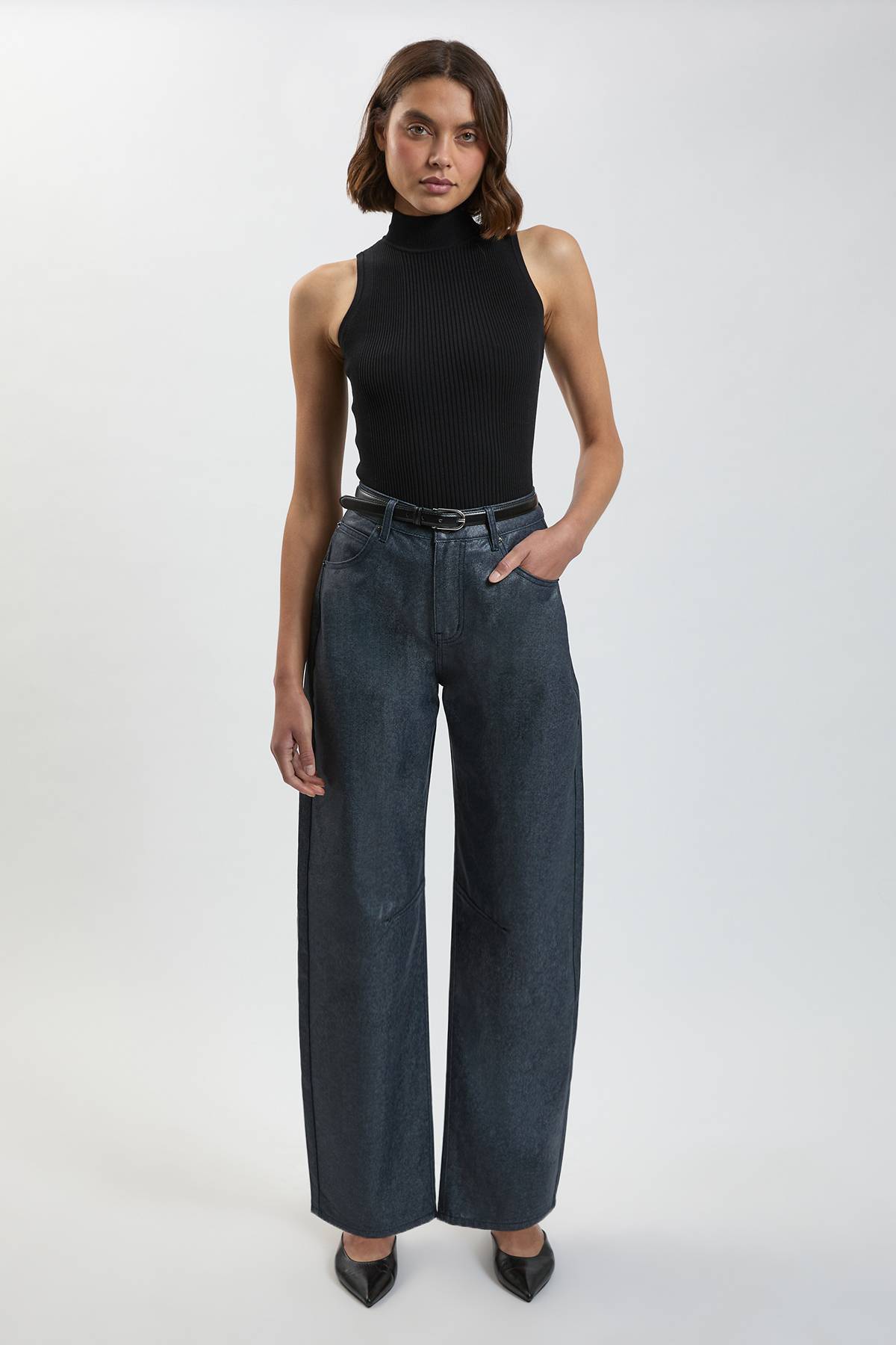 KarenMillen Jean Petite En Denim Enduit Métallisé Coupe Barrel