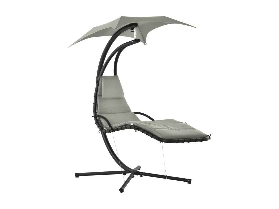 Bain de soleil transat suspendu avec pare-soleil et matelas design contemporain 190L x 115l x 190H cm acier polyester gris noir