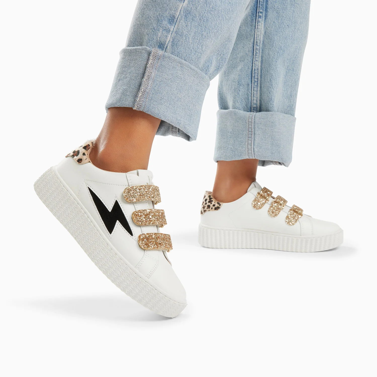 Sneakers-Baskets éclair Angela blanc et zèbre à scratchs or