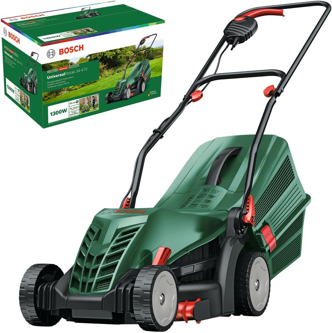 Bosch Schnur-Rasenmäher UniversalRotak 34-410 (230 V, Schnittbreite 34 cm, 40 Liter Graskasten, mit Graskämmen)