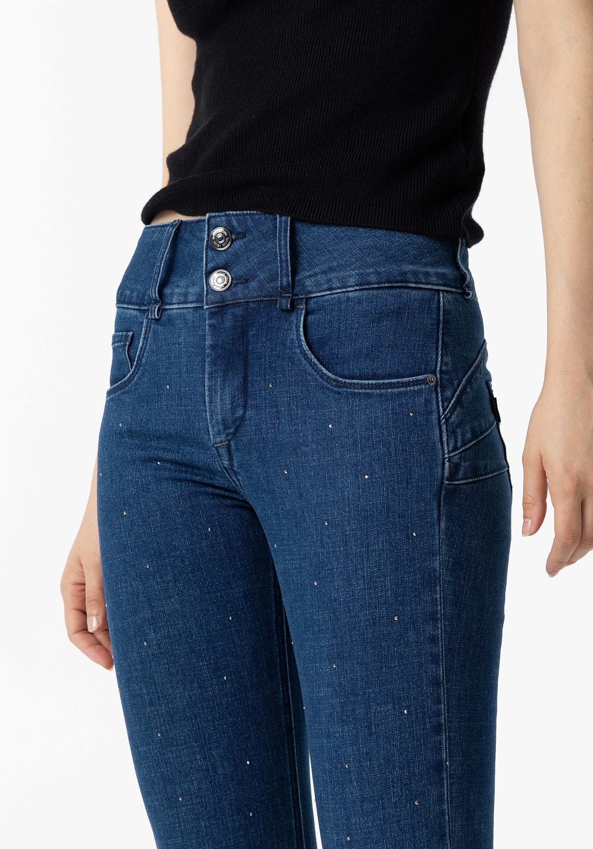 Jeans Double-up Slim Cintura Alta Aplicações