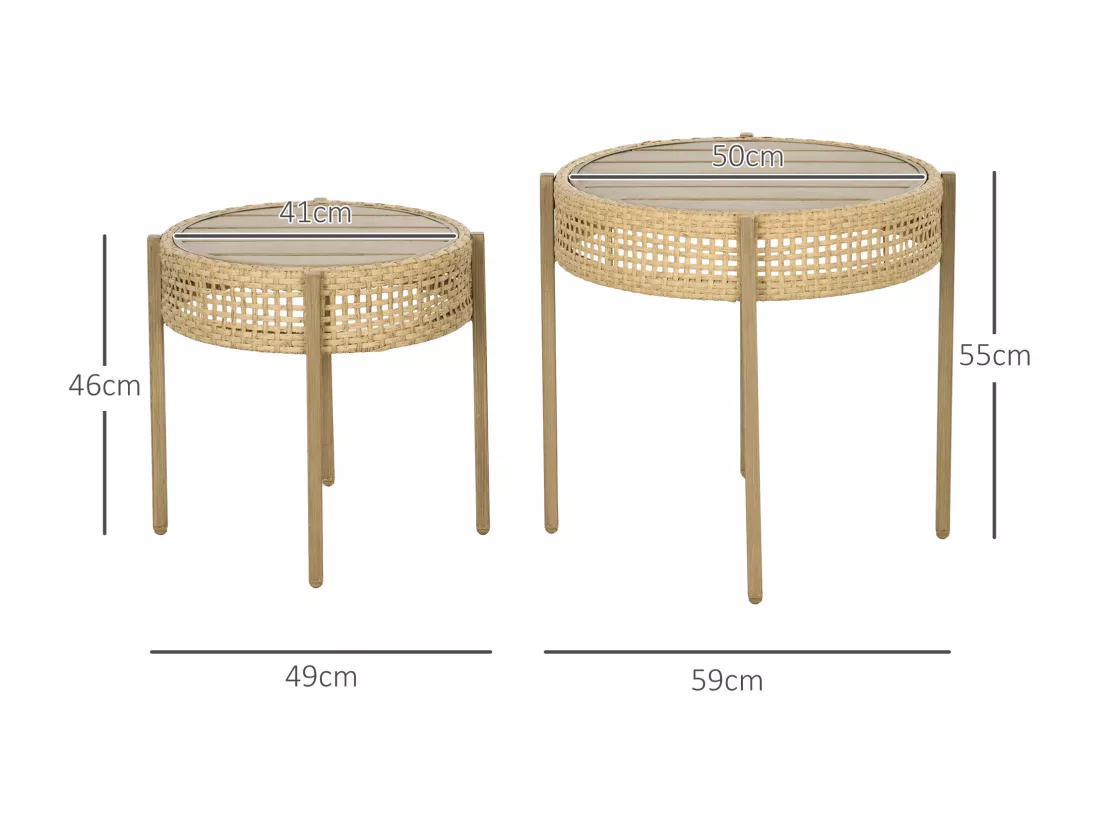 Lot de 2 tables gigognes de jardin style bohème chic PE aspect rotin métal effet bois