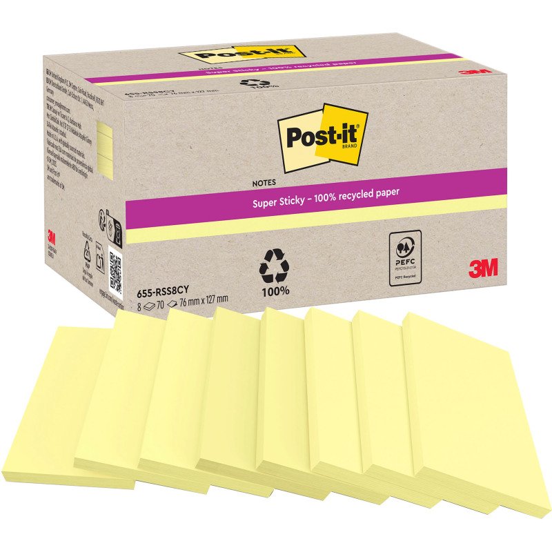 Notes repositionnables recyclées jaunes pastel Super Sticky Post-it - bloc de 70 feuilles = Pour l'achat notes repositionnables, 1 sachet de M&M OFFERT