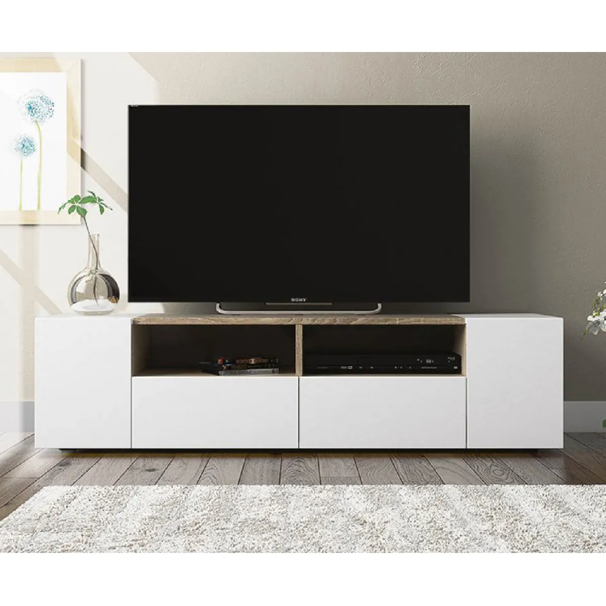 PEGANE Meuble TV - Blanc/Chêne