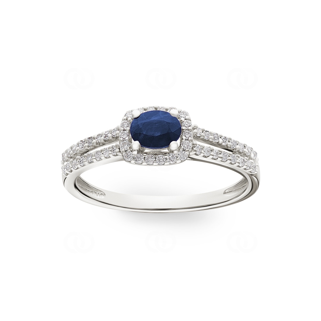 Damenring 750/18 K Weissgold mit Saphir oval und Diamanten 0.20 ct H/si