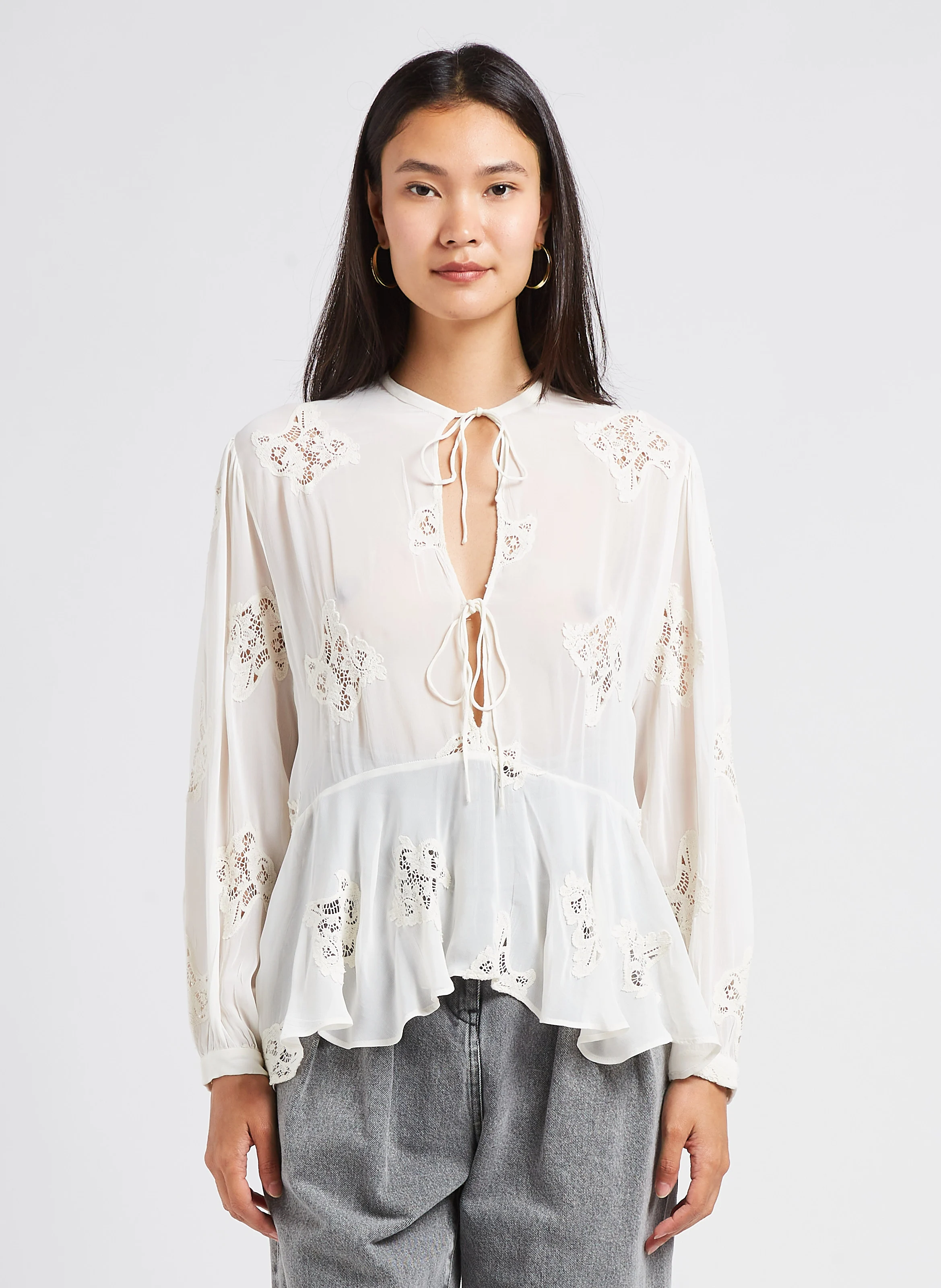 LALIA - Blouse col tunisien à broderie ajourées | Beige