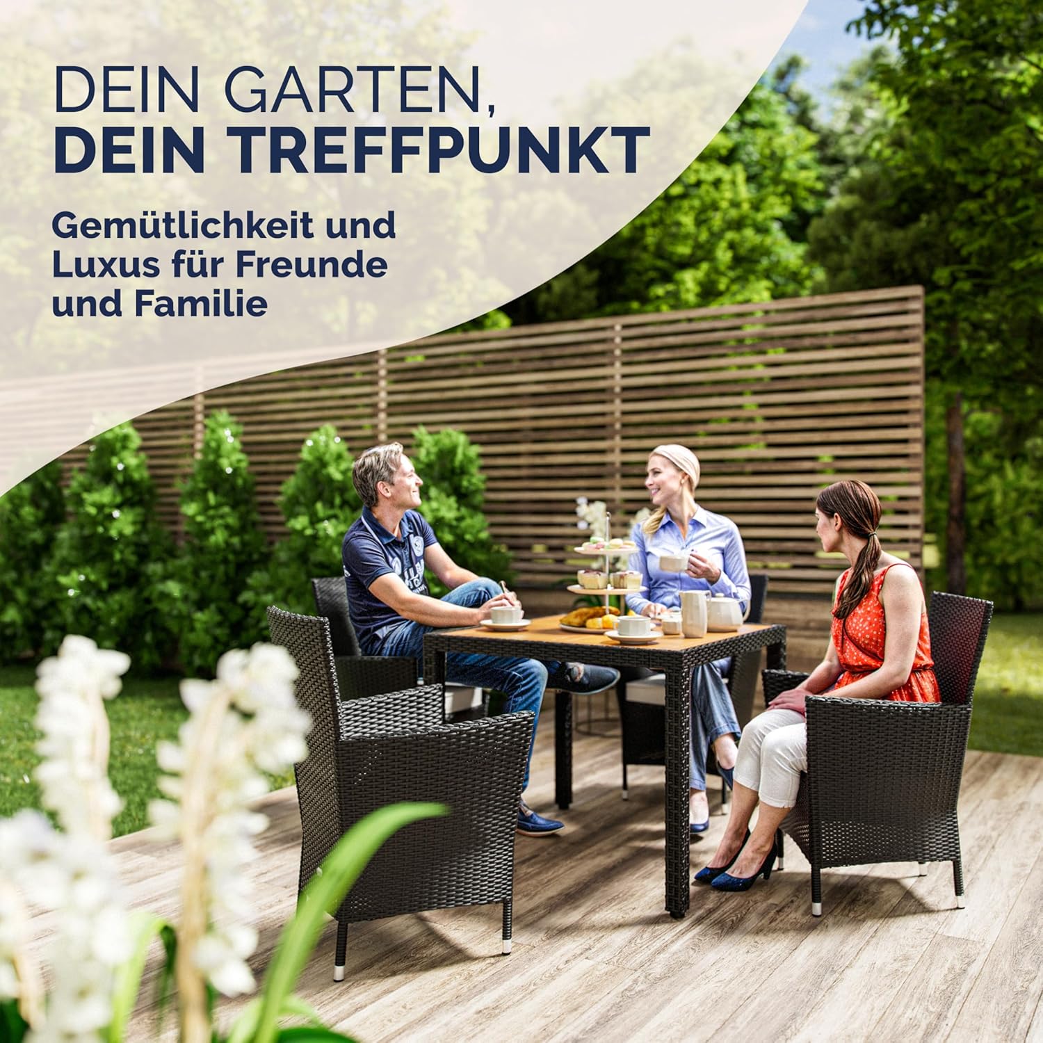 Casaria® Gartenmöbel Set Holz Balkon Wetterfest 4 Personen Polyrattan Akazie Outdoor 7cm Auflagen Stapelbar Gartenstühle Gartentisch Garten Terrasse Möbel