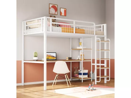 Lit mezzanine en métal, 90*200 cm, échelle de sécurité avec marches, lit simple avec table et étagère, barrière de sécurité en métal, blanc