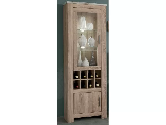 Armoire vitrine, buffet haut coloris Chêne truffé, blanc vieilli - Longueur 68 x Profondeur 37 x Hauteur 201 cm