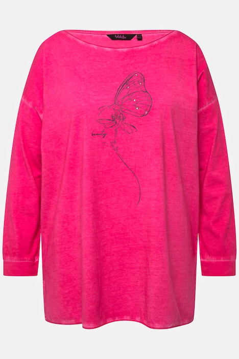 Shirt, Flockdruck, Rollkanten, Rundhals, Langarm