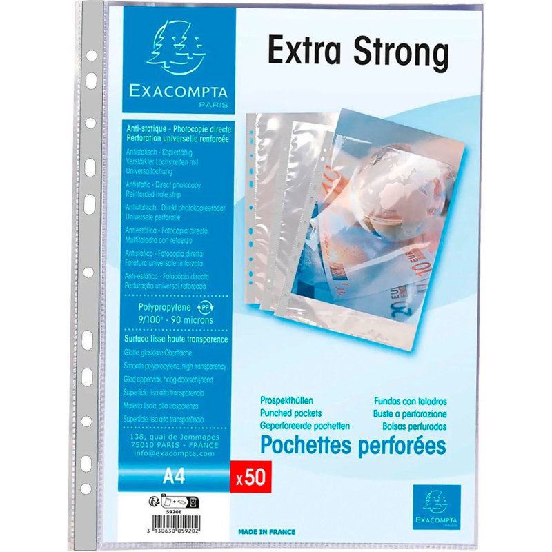 Pochettes perforées Exacompta A4 polypropylène recyclé lisse 9/100e - Boite de 50