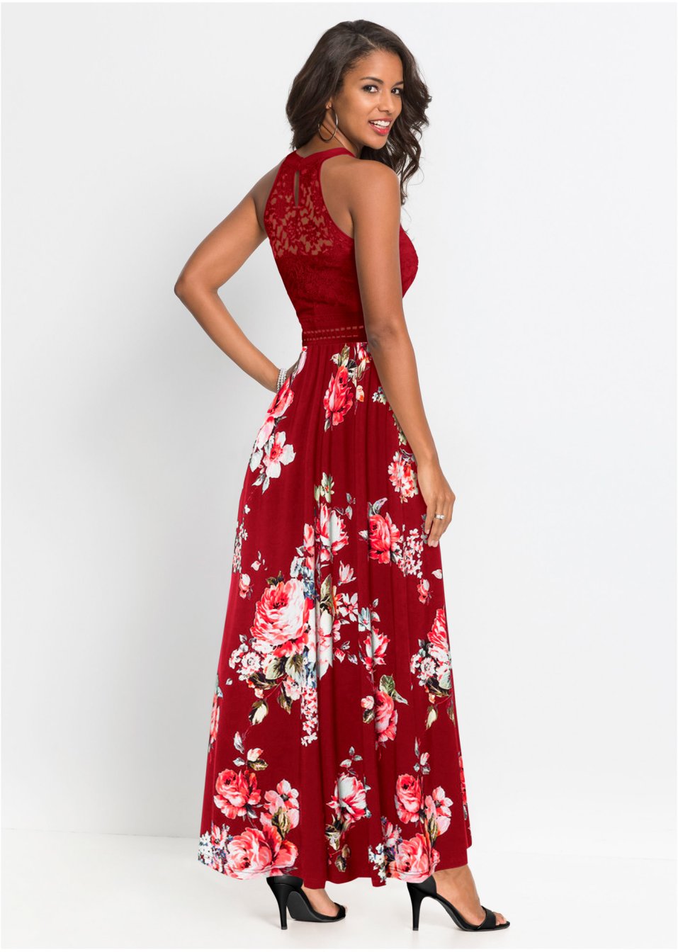 Robe longue estivale avec imprimé floral et empiècement dentelle