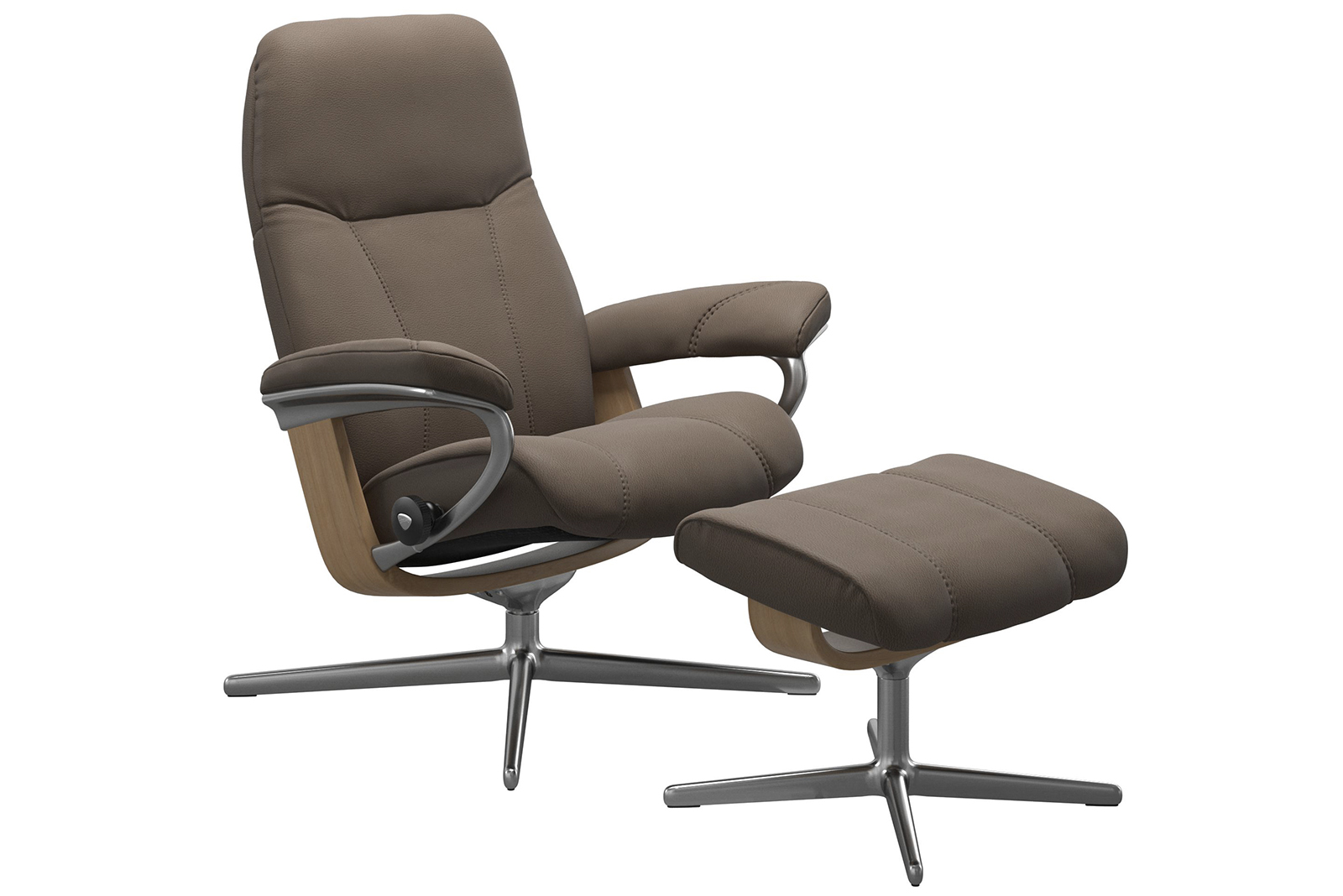 Consul lenestol m/krakk I hud Batick Mole med Cross Polert understell og eik detaljer. Medium stol med krakk.