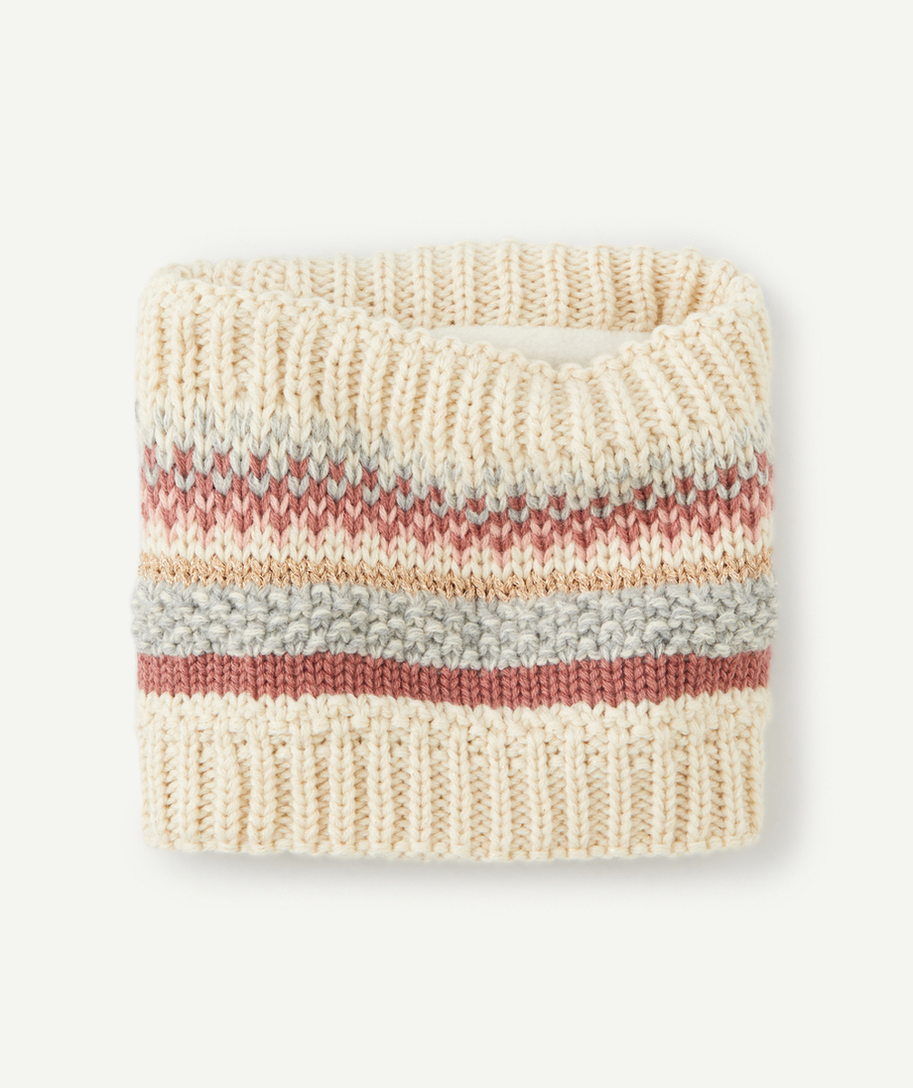 SNOOD TRICOT BÉBÉ FILLE EN FIBRES RECYCLÉES BEIGE AUX DÉTAILS ROSES