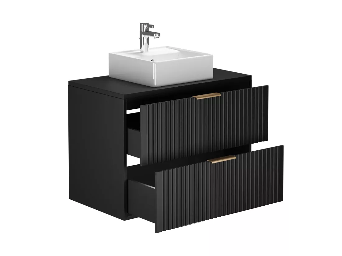 Meuble de salle de bain suspendu strié avec vasque à poser carrée - Noir - 80 cm - ZEVARA