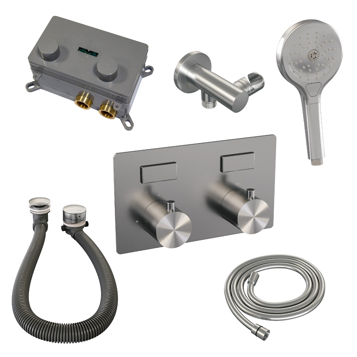 Brauer Brushed Edition thermostatische inbouw badkraan met badvulcombinatie en 3 standen handdouche set 4 RVS geborsteld PVD