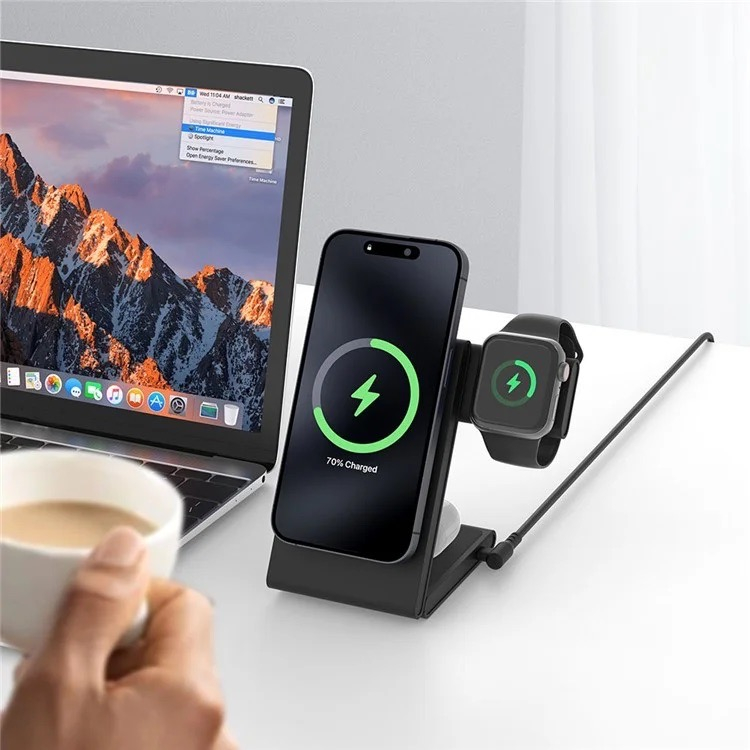 (15W) 3in1 MagSafe Ladegerät Qi2 Wireless Charger Faltbarer Ladeständer für Apple Watch / Smartphone / AirPods - Schwarz