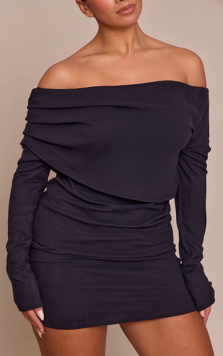 Noir Robe Moulante À Manches Longues En Tissu Doux Toucher Bardot Avec Col Replié