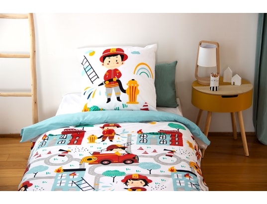 COTE DECO - Ensemble couette + 1 oreiller Parure de lit enfant pompier - 100% coton adouci 57 fils - ...