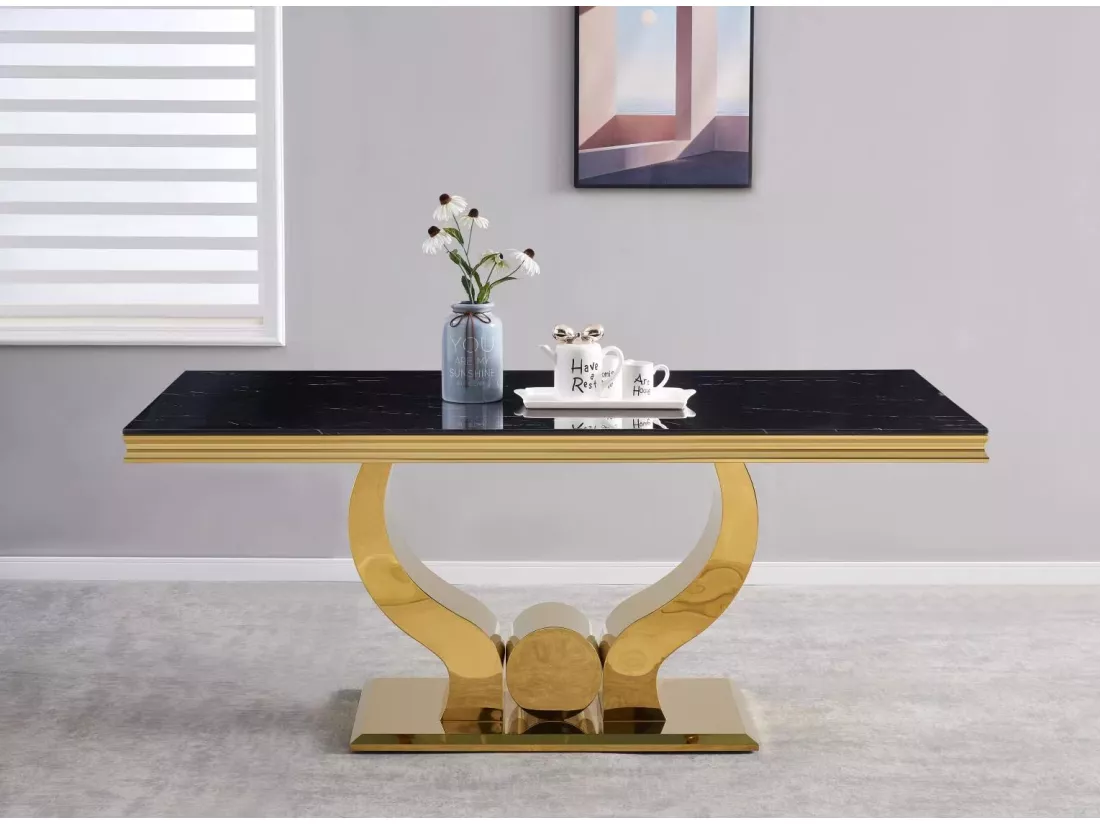 Table à manger trofy 4 à 6 personnes gold verre marbré noir 150x90x75cm