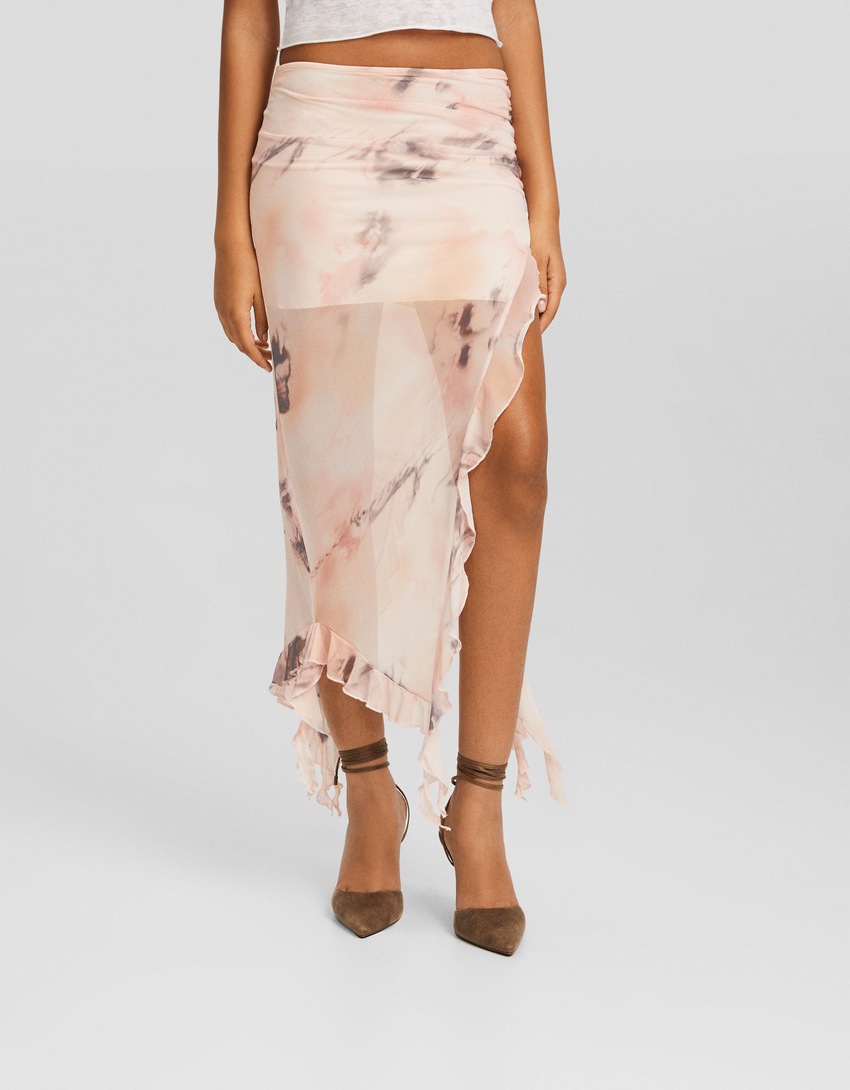 Saia midi de tule estampado com babados