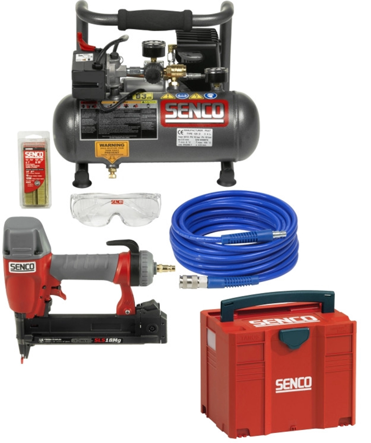 Senco PC0964EUPS Pneumatische afwerk tacker (Finishpro18 Mg) in T-loc systainer & 3,8L Compressor (PC1010)   5m slang combiset